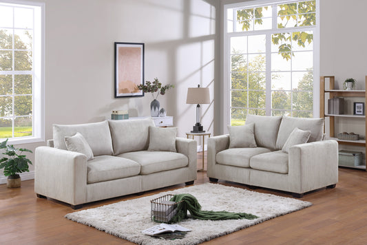 Classic Living Room 2pc Sofa Set Ivory Corduroy Sofa And Loveseat w Pillows Square Arms Plush Couch