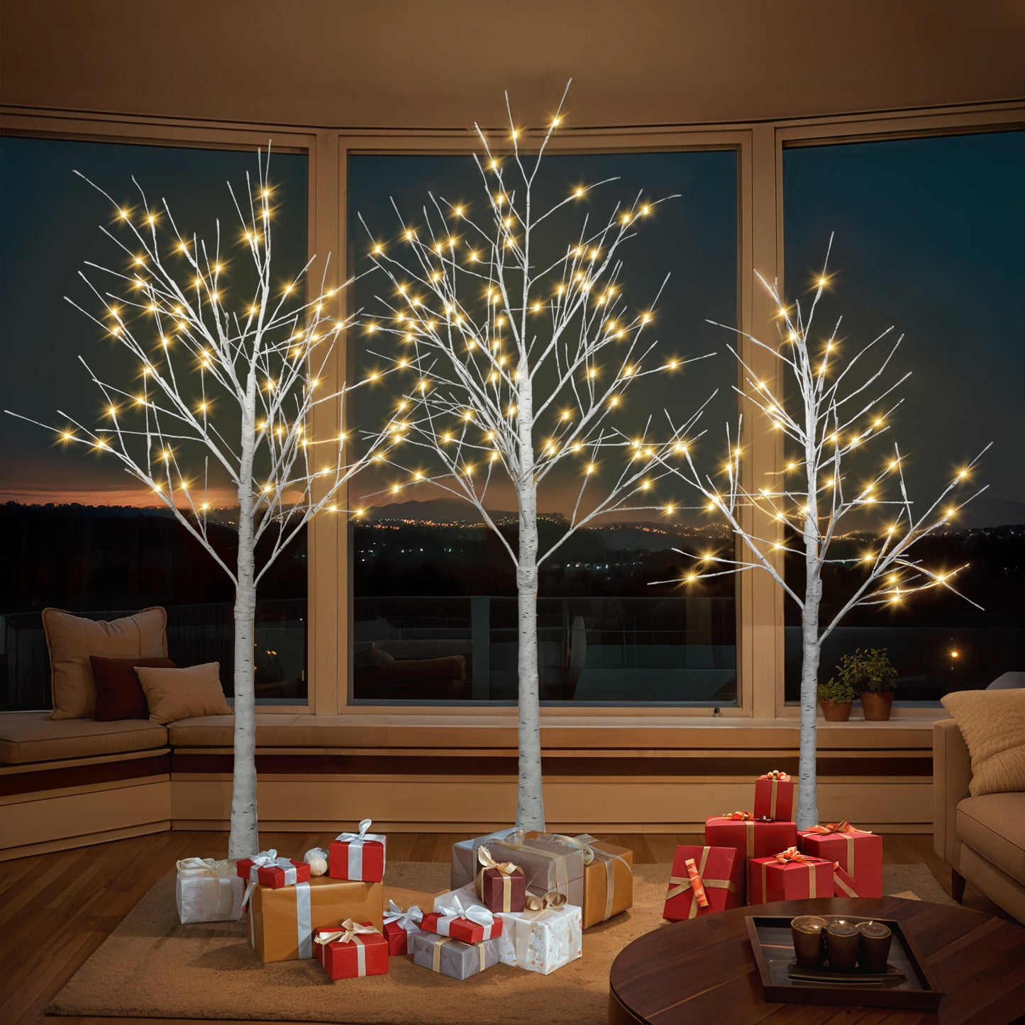 Set of Lighted Birch Tree, 4FT 48 LED/5FT 72 LED/6FT 96 LED Artificial Tree with Warm White Lights, Christmas Tree for Decoration Inside and Outside