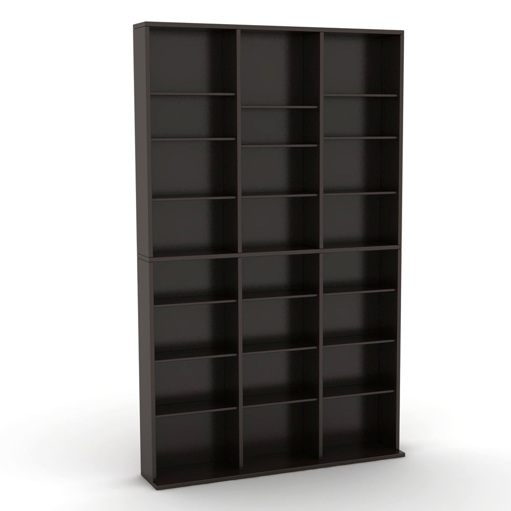 Media Shelving Unit, 6 Fixed Shelves, 30 Adjustable Shelves, Wide Base for Stability in Espresso Brown