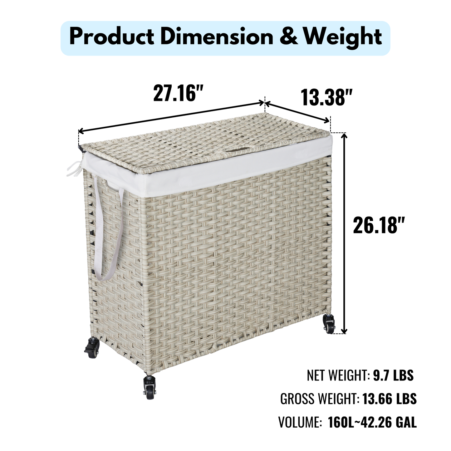 Laundry Hamper With Lid PE Rattan Powder Coating Frame Clothes Hampers with 02 Removable Bags, Wheels, 160L, Grey Color