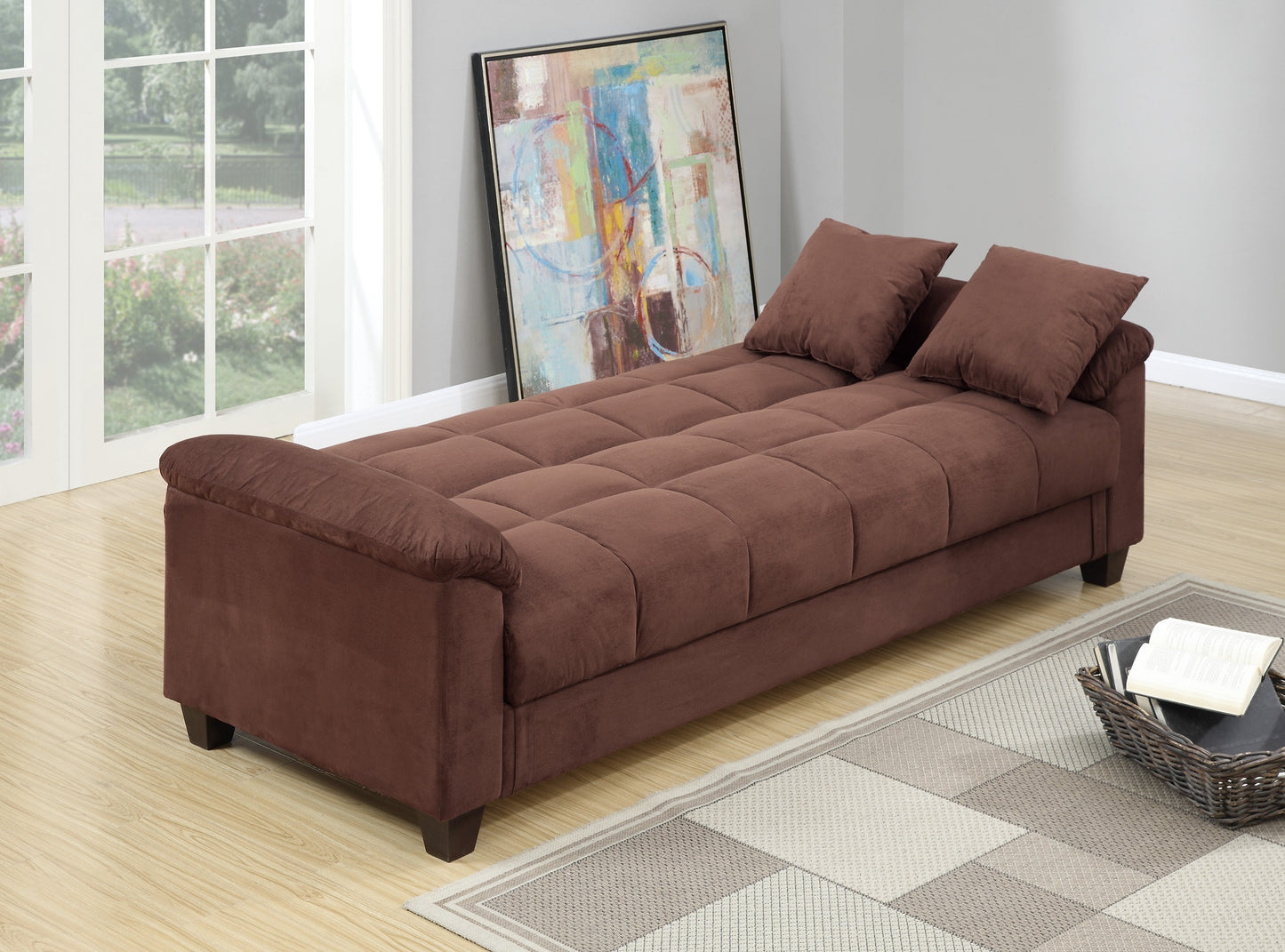 Contemporary Living Room Adjustable Sofa Chocolate Color Microfiber Plush Storage Couch 1pc Futon Sofa w Pillows