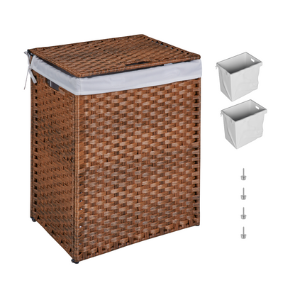 Laundry Hamper With Lid PE Rattan Powder Coating Frame Clothes Hampers with 02 Removable Bags, 100L, Brown Color