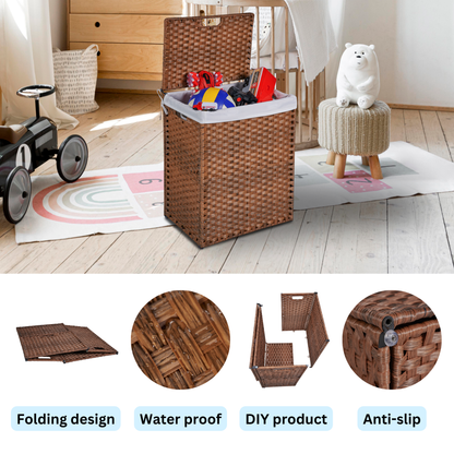 Laundry Hamper With Lid PE Rattan Powder Coating Frame Clothes Hampers with 02 Removable Bags, 100L, Brown Color