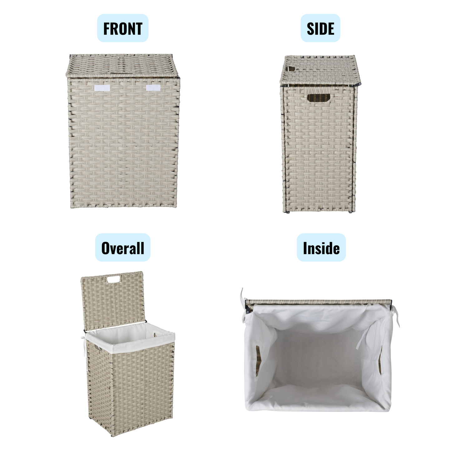 Laundry Hamper With Lid PE Rattan Powder Coating Frame Clothes Hampers with 02 Removable Bags, 100L, Grey Color