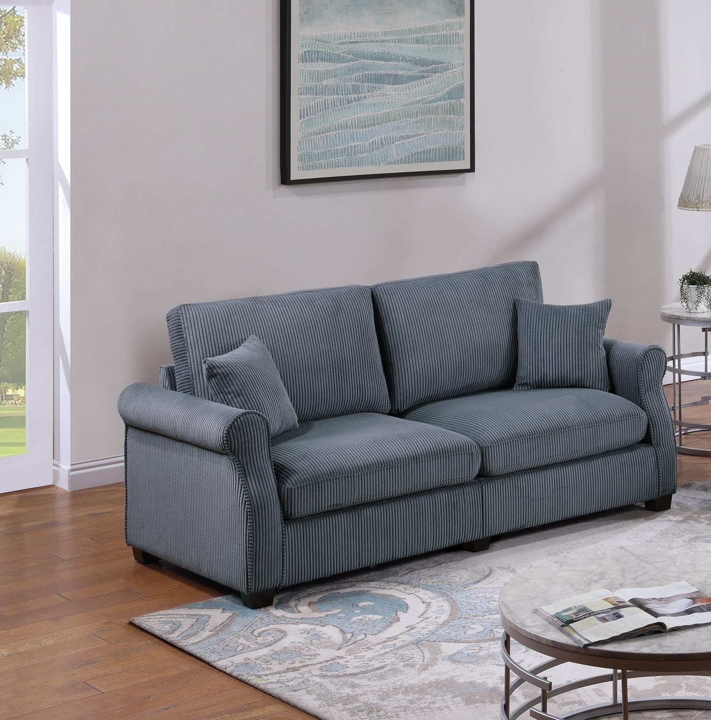 Classic Living Room 2pc Sofa Set Dark Gray Corduroy Sofa Loveseat w Pillows Square Arms Plush Couch