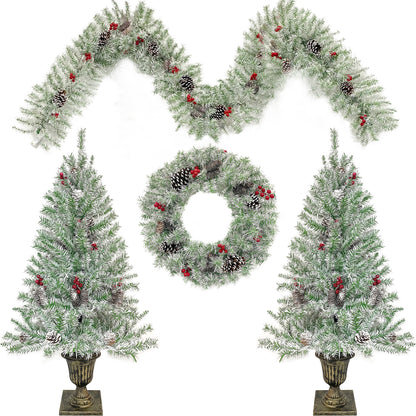 Pre-lit Xmas Tree Artificial Christmas 4-Piece Set,Garland, Wreath and Set of 2 Entrance Trees X-mas