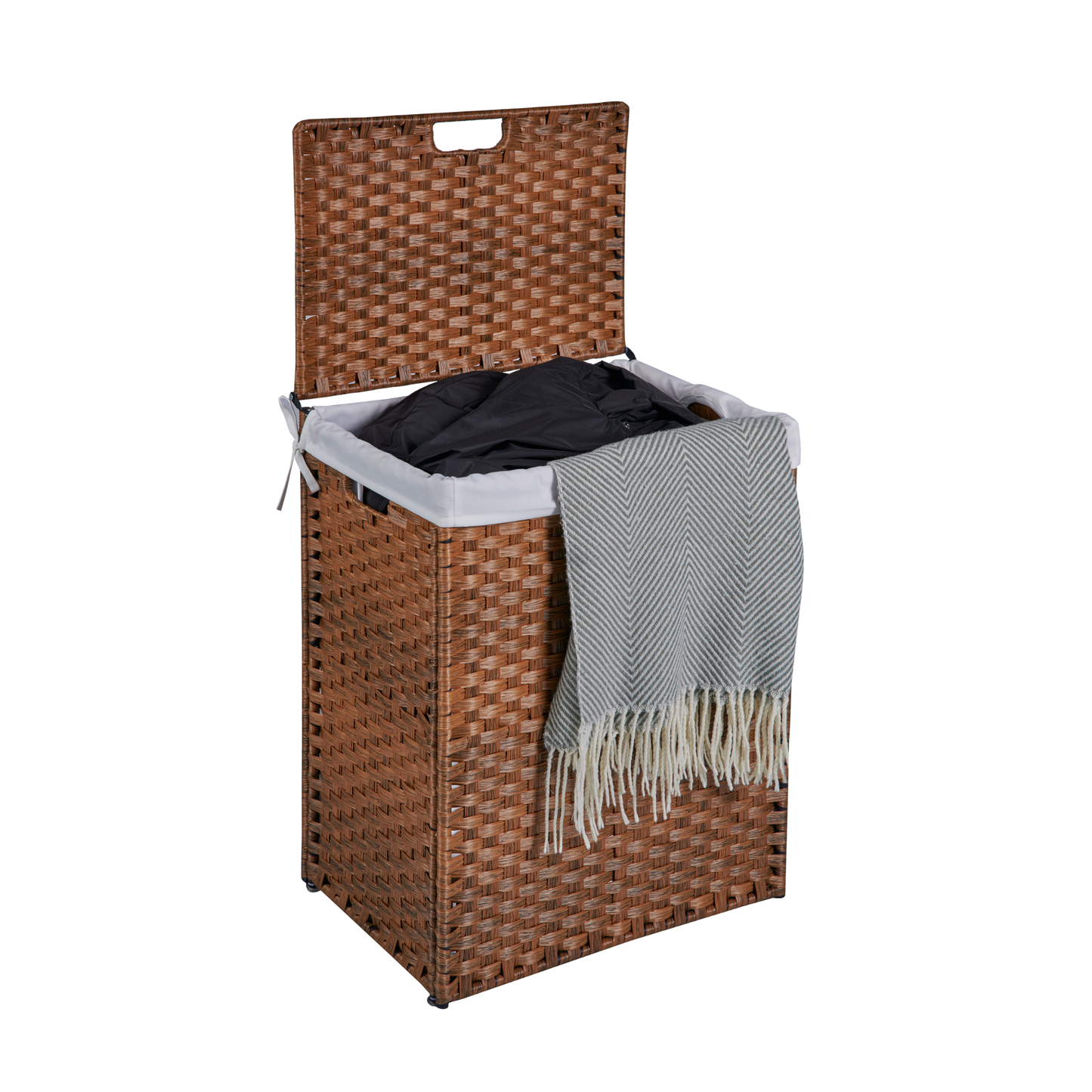 Laundry Hamper With Lid PE Rattan Powder Coating Frame Clothes Hampers with 02 Removable Bags, 100L, Brown Color