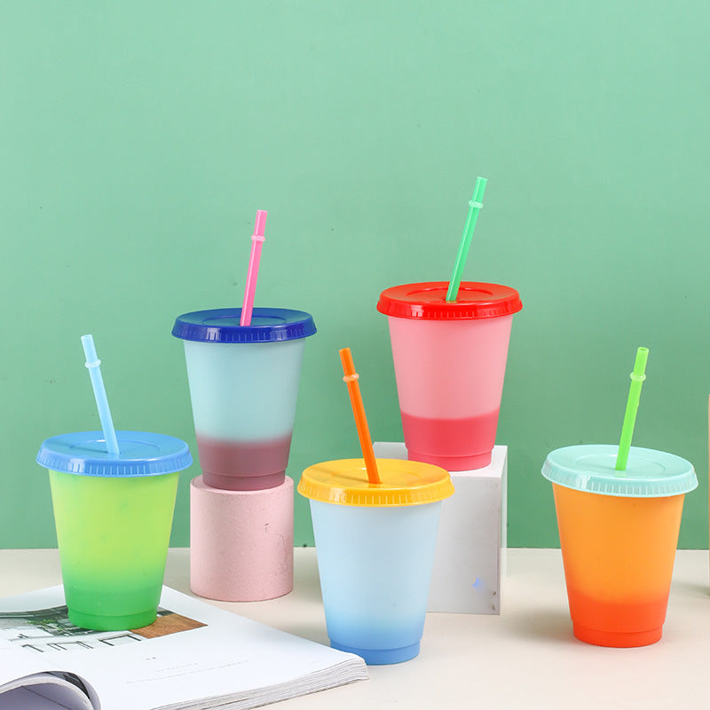 500ml Factory direct sales temperature sensitive cold color changing cup large capacity PP plastic straw cup fashionable water cup wholesale