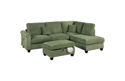 Gorgeous Sage Color 3pc Sectional Set Corduroy Upholstered LAF Sofa RAF Chaise Ottoman L-Sectional Living Room Furniture