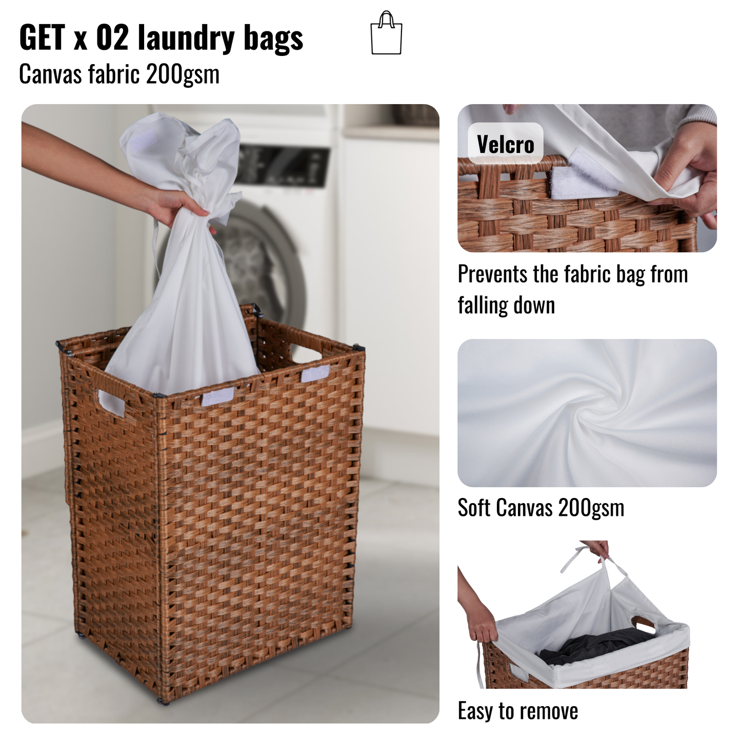 Laundry Hamper With Lid PE Rattan Powder Coating Frame Clothes Hampers with 02 Removable Bags, 100L, Brown Color