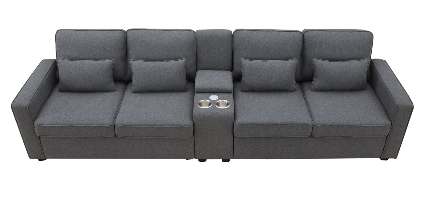 114.2" Upholstered Sofa with Console, 2 Cupholders and 2 USB Ports Wired or Wirelessly Charged, Modern Linen Fabric Couches with 4 Pillows for Living Room, Apartment (4-Seat)