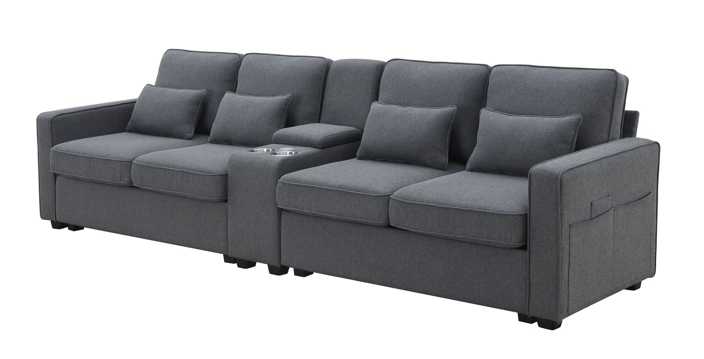 114.2" Upholstered Sofa with Console, 2 Cupholders and 2 USB Ports Wired or Wirelessly Charged, Modern Linen Fabric Couches with 4 Pillows for Living Room, Apartment (4-Seat)