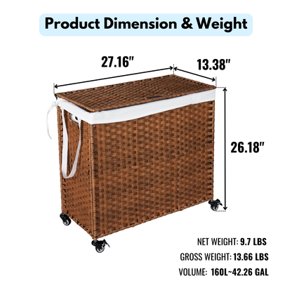 Laundry Hamper With Lid PE Rattan Powder Coating Frame Clothes Hampers with 02 Removable Bags, Wheels, 160L, Brown Color