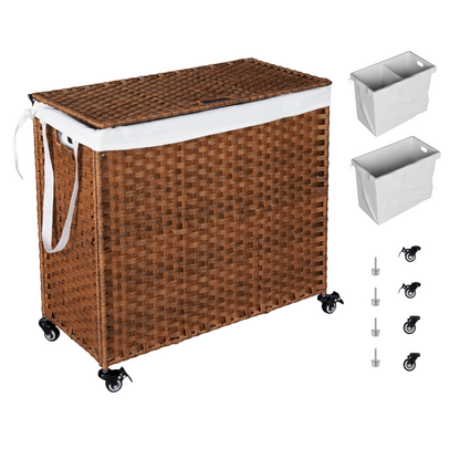 Laundry Hamper With Lid PE Rattan Powder Coating Frame Clothes Hampers with 02 Removable Bags, Wheels, 160L, Brown Color