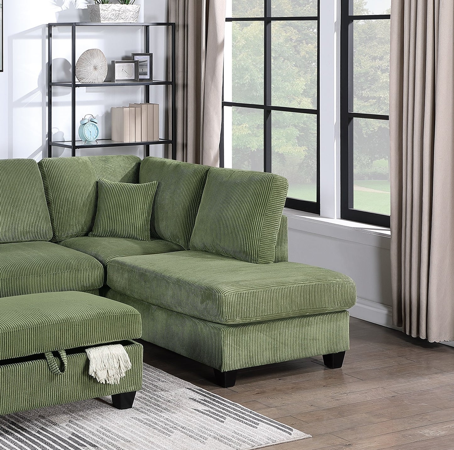 Gorgeous Sage Color 3pc Sectional Set Corduroy Upholstered LAF Sofa RAF Chaise Ottoman L-Sectional Living Room Furniture