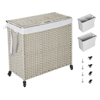 Laundry Hamper With Lid PE Rattan Powder Coating Frame Clothes Hampers with 02 Removable Bags, Wheels, 160L, Grey Color