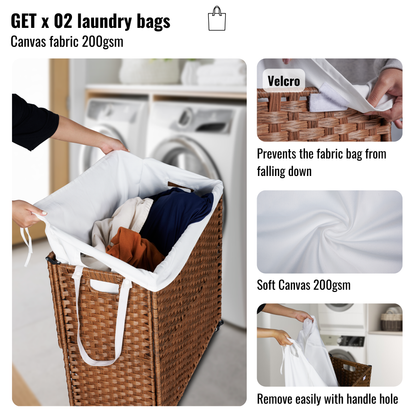 Laundry Hamper With Lid PE Rattan Powder Coating Frame Clothes Hampers with 02 Removable Bags, Wheels, 160L, Brown Color