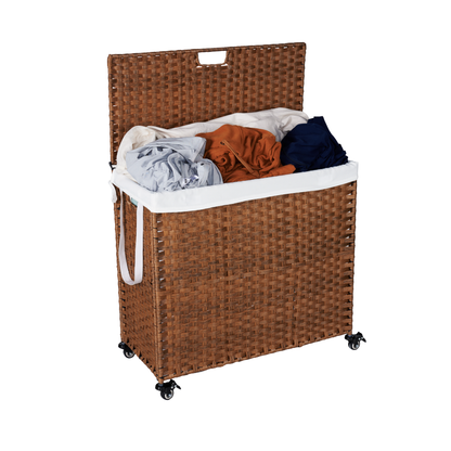 Laundry Hamper With Lid PE Rattan Powder Coating Frame Clothes Hampers with 02 Removable Bags, Wheels, 160L, Brown Color