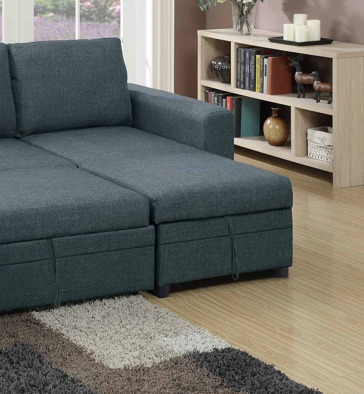 Living Room Furniture Convertible Sectional Blue Grey Color Polyfiber Reversible Chaise Storage Sofa Pull Out bed Couch