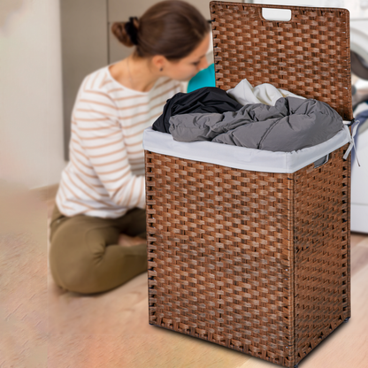 Laundry Hamper With Lid PE Rattan Powder Coating Frame Clothes Hampers with 02 Removable Bags, 100L, Brown Color