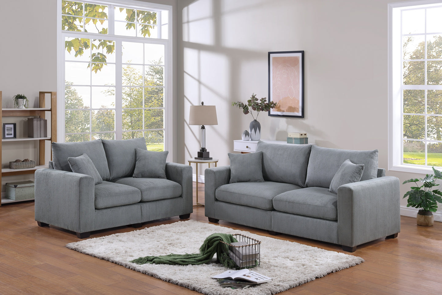 Classic Living Room 2pc Sofa Set Fog Corduroy Sofa And Loveseat w Pillows Square Arms Plush Couch