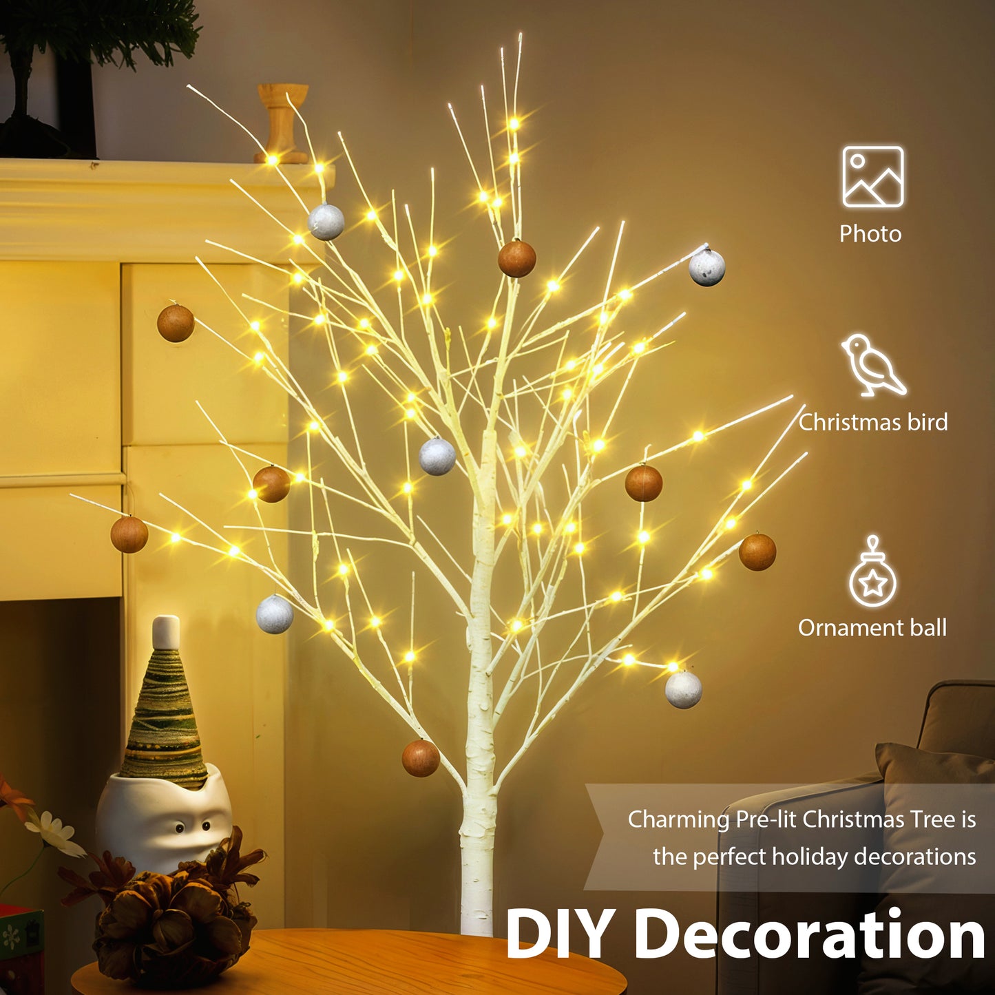 Set of Lighted Birch Tree, 4FT 48 LED/5FT 72 LED/6FT 96 LED Artificial Tree with Warm White Lights, Christmas Tree for Decoration Inside and Outside